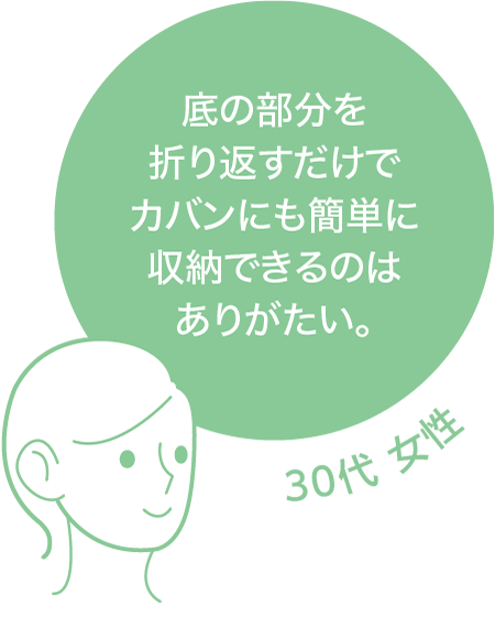 底の部分を折り返すだけでカバンにも簡単に収納できるのはありがたい。 30代 女性